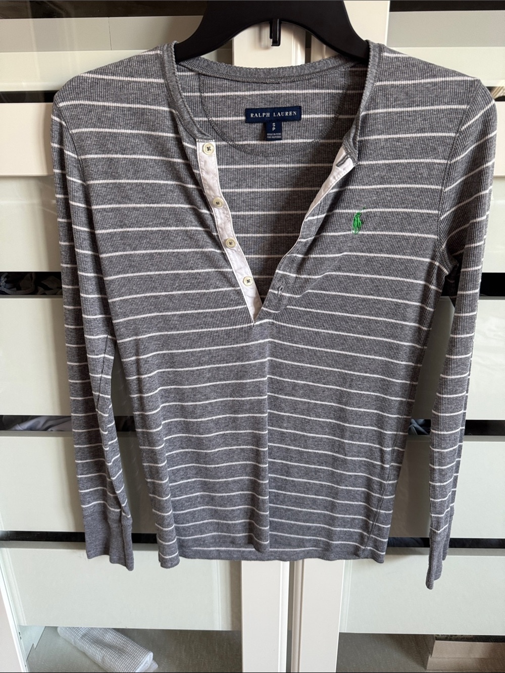 Ralph Lauren Gray and White Striped Long-Sleeve Henley with Green Pony